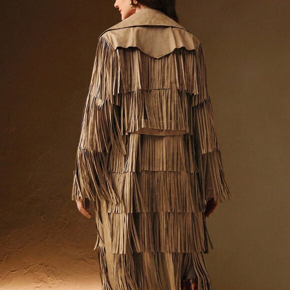 Camel Party Women's Lapel Necklong Sleeve Fringe Design Jacket - Picture 2 of 8